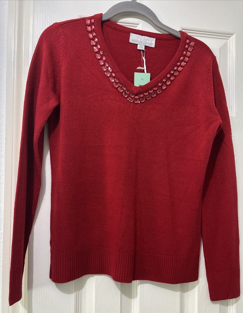 NWT Carolyn Taylor Petite Sweater Gypsy Red Gem Embellished Size PS Lightweight